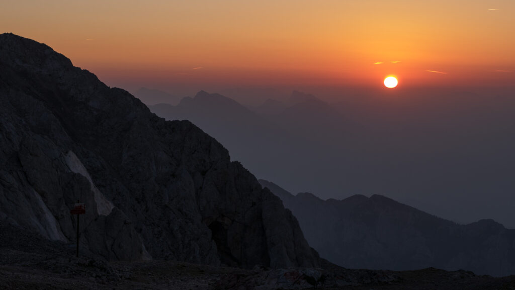 Sunrise over Julian Alps from Triglavski dom na Kredarici
